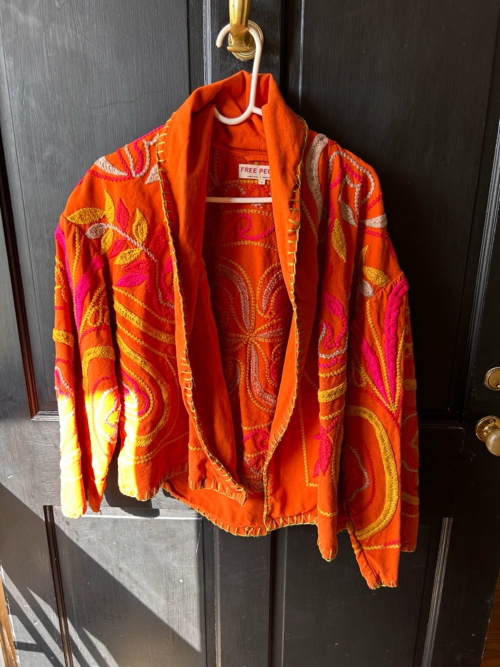 Free People Orange Embroidered Velvet Bomber Jacket with Pink & Yellow Accents - Picture 4 of 9